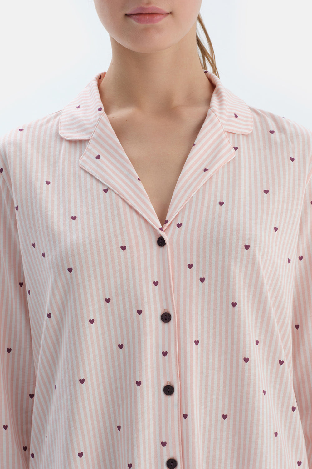 Ekru Kalp Ve Çizgi Baskılı Penye Modal Gömlek Pantolon Pijama Takımı