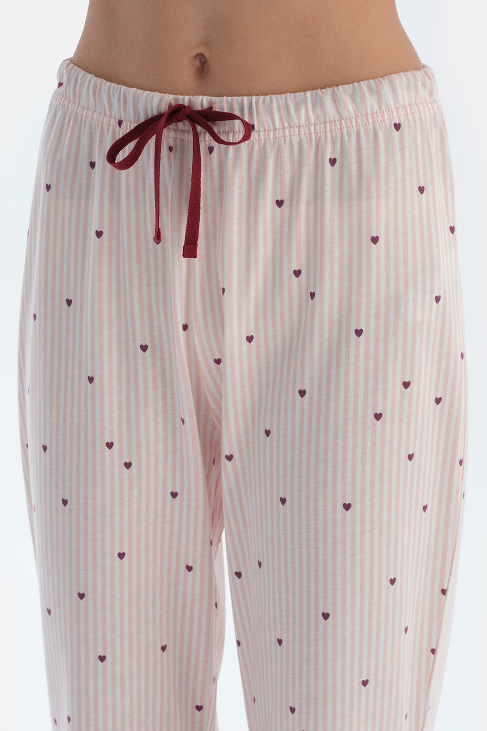 Ekru Kalp Ve Çizgi Baskılı Penye Modal Gömlek Pantolon Pijama Takımı