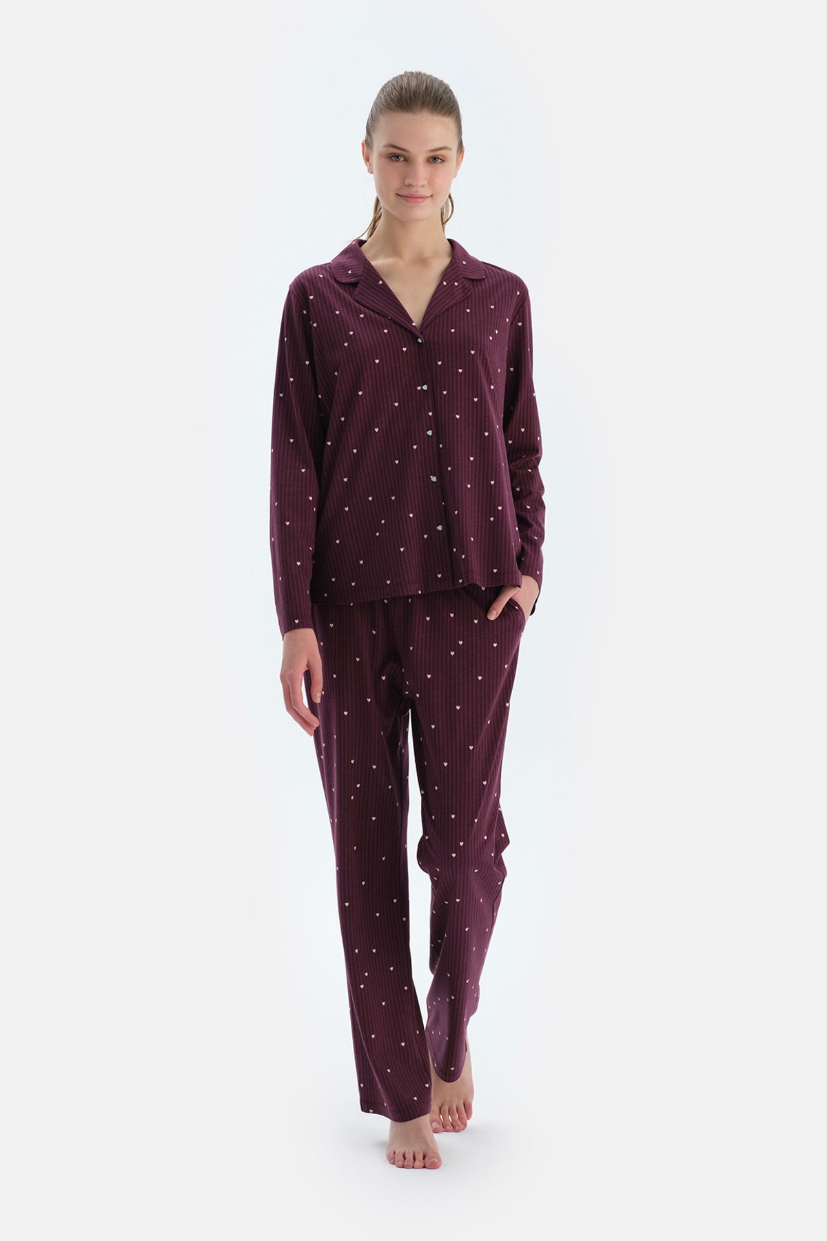 Bordo Kalp Ve Çizgi Baskılı Penye Modal Gömlek Pantolon Pijama Takımı