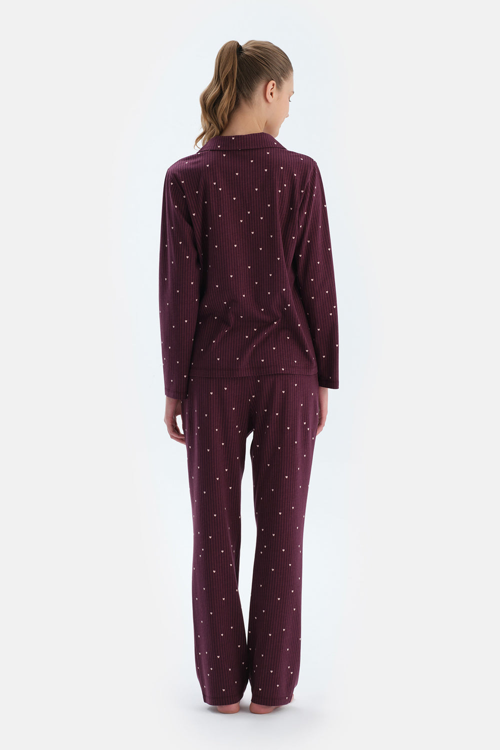 Bordo Kalp Ve Çizgi Baskılı Penye Modal Gömlek Pantolon Pijama Takımı
