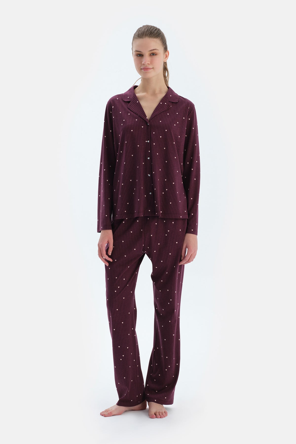 Bordo Kalp Ve Çizgi Baskılı Penye Modal Gömlek Pantolon Pijama Takımı