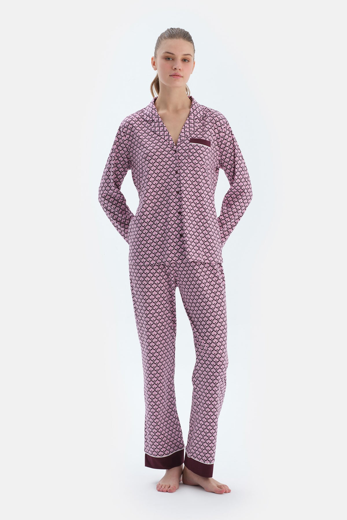 MULTICOLOR LACE GARNISHED VISCOSE T-SHIRT TROUSERS PAJAMA SET