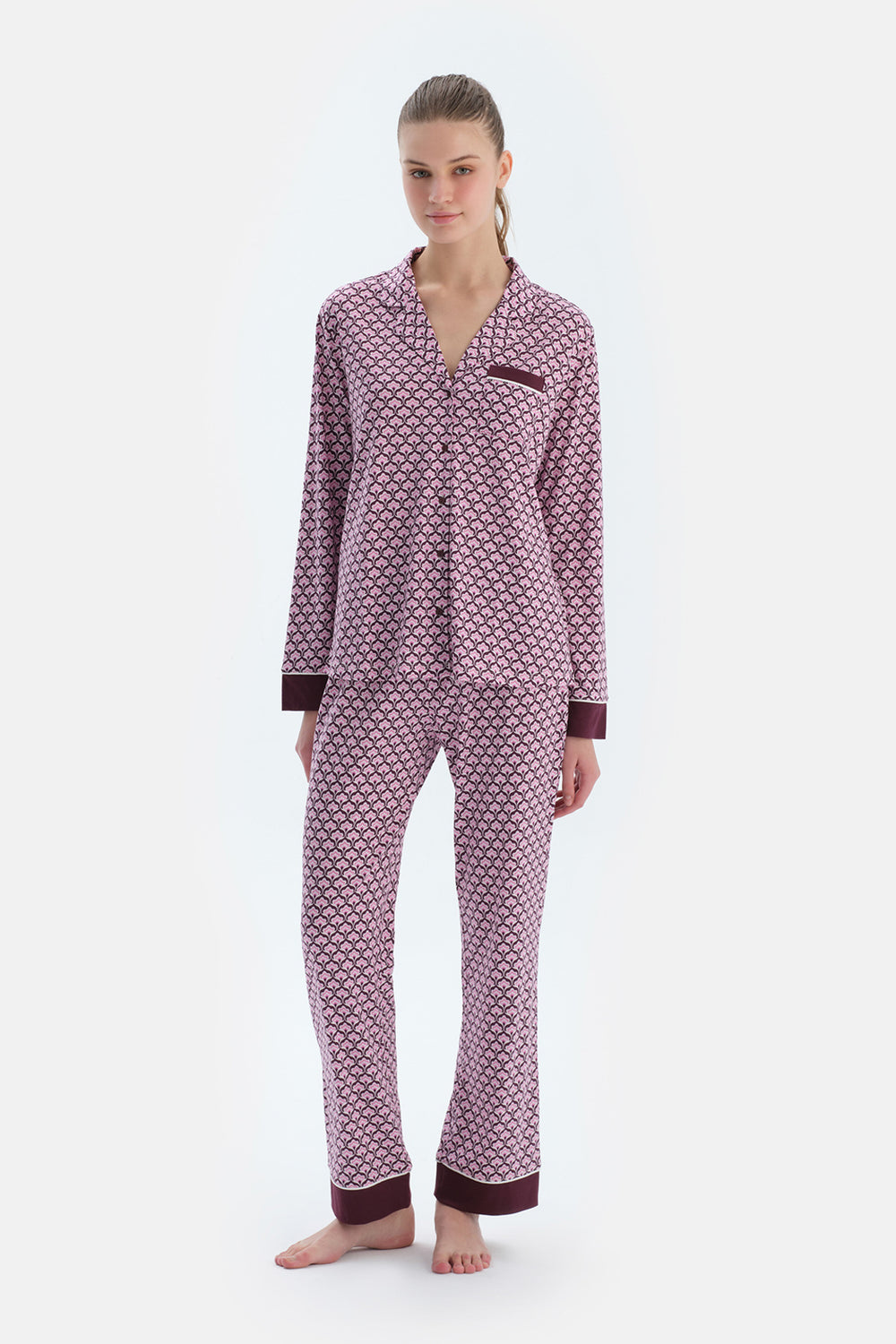 MULTICOLOR LACE GARNISHED VISCOSE T-SHIRT TROUSERS PAJAMA SET