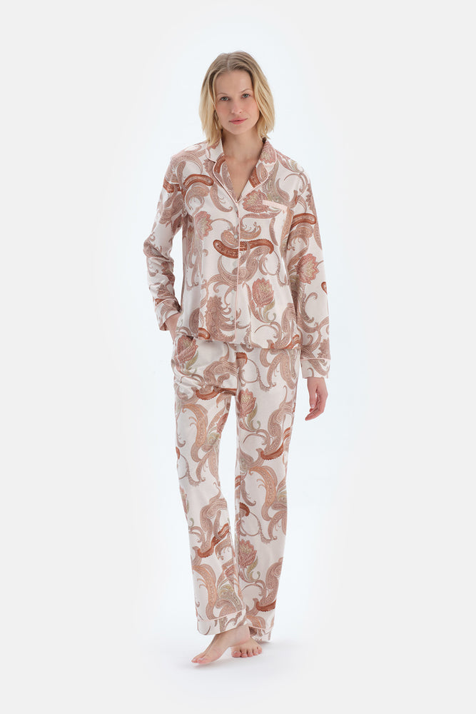 Açık Pembe Şal Desenli Penye Modal Gömlek Pantolon Pijama Takımı