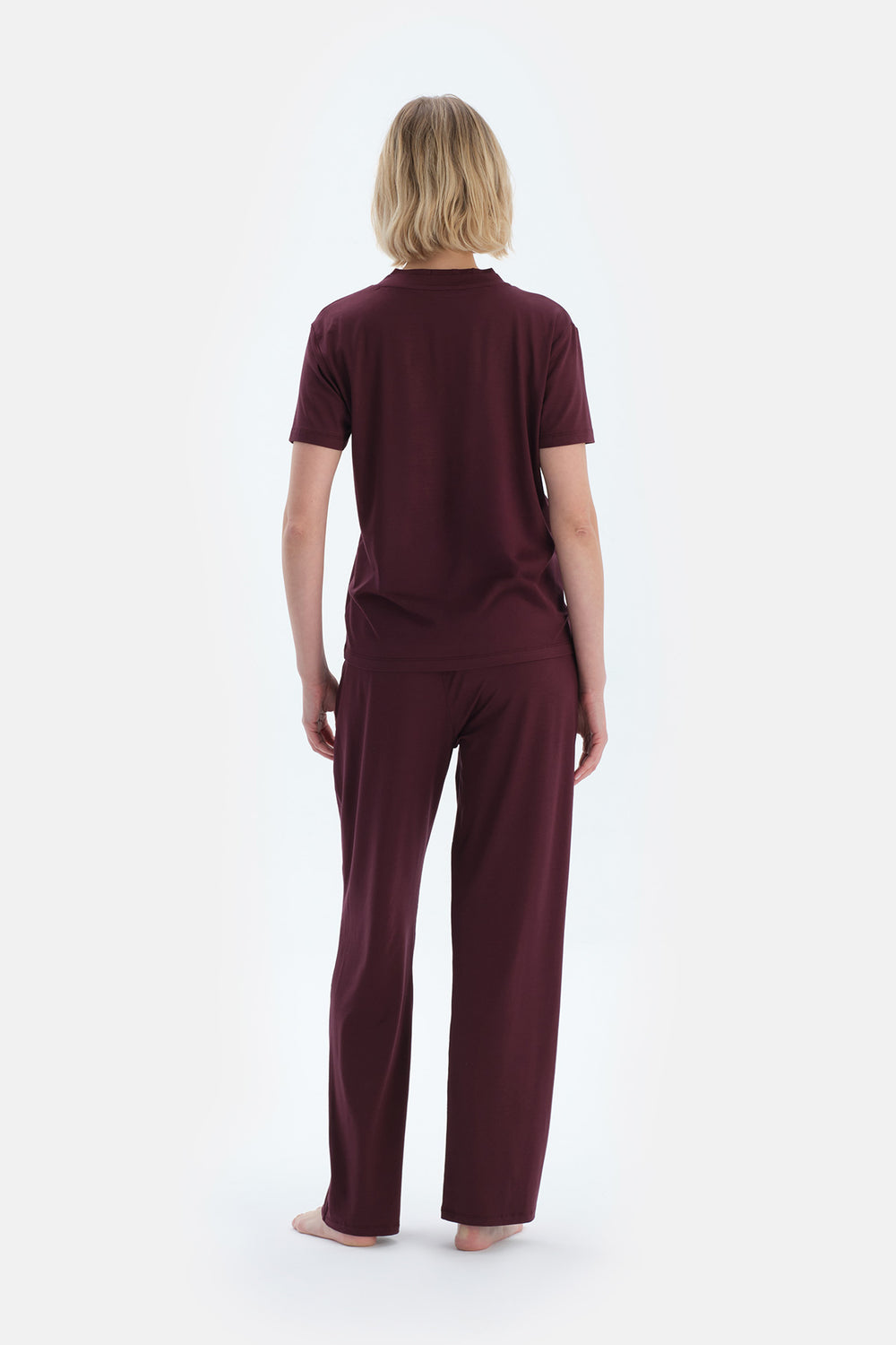 Bordo V Yaka Kısa Kollu Viskon Tişört Pantolon Pijama Takımı