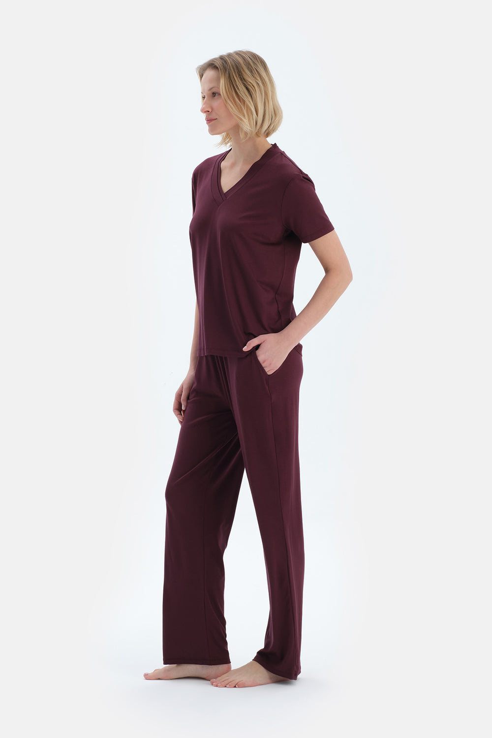 Bordo V Yaka Kısa Kollu Viskon Tişört Pantolon Pijama Takımı