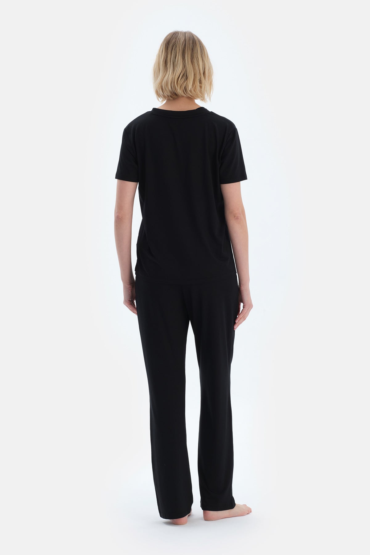 Black SHORT SLEEVE V-NECK BASIC VISCOSE T-SHIRT PANTS PAJAMA SET
