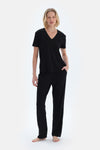 Black SHORT SLEEVE V-NECK BASIC VISCOSE T-SHIRT PANTS PAJAMA SET