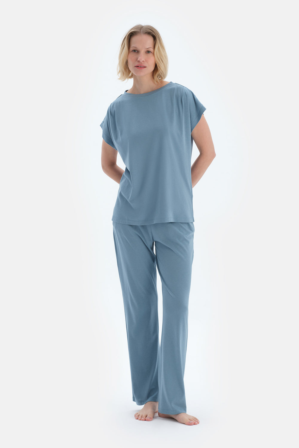 Mavi Düşük Kollu Basıc Tişört Pantolon Pijama Takımı