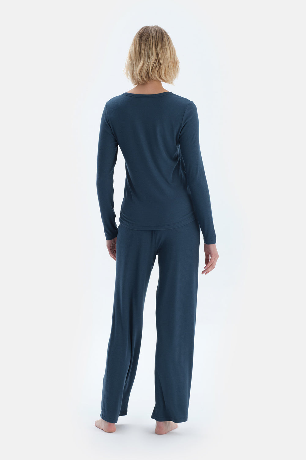 Lacivert V Yaka Viskon Kaşkorse Tişört Pantolon Pijama Takımı