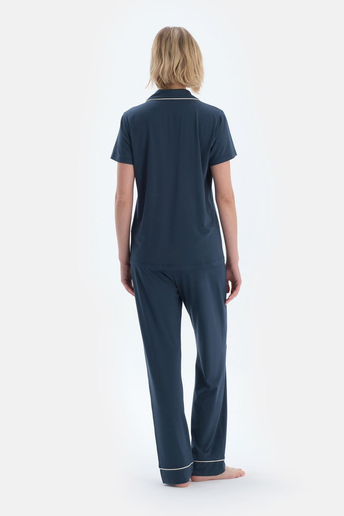 Lacivert Kısa Kollu Basıc Gömlek Pantolon Pijama Takımı