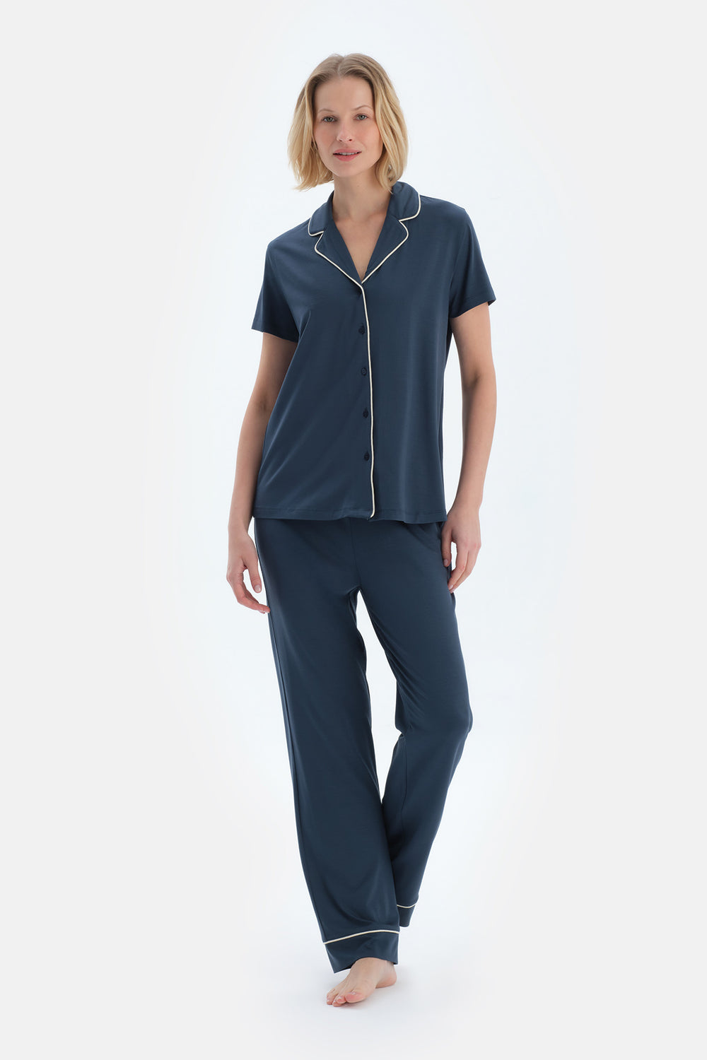 Lacivert Kısa Kollu Basıc Gömlek Pantolon Pijama Takımı