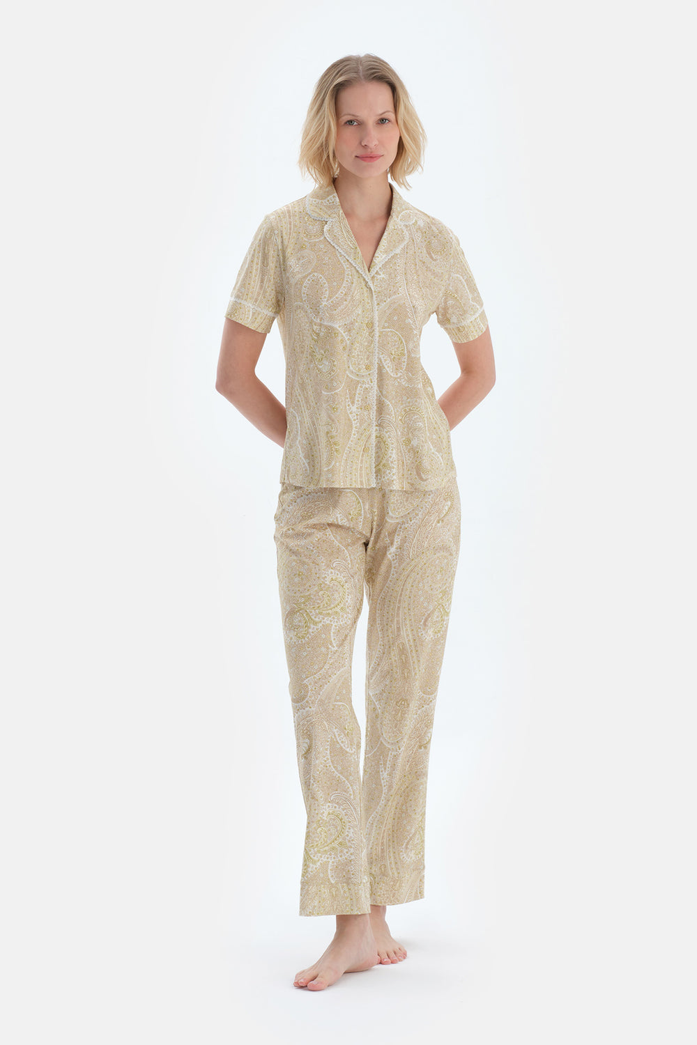 Açık Yeşil Şal Desenli Penye Modal Gömlek Pantolon Pijama Takımı