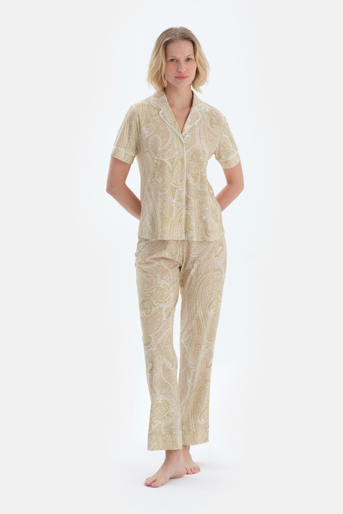 Açık Yeşil Şal Desenli Penye Modal Gömlek Pantolon Pijama Takımı