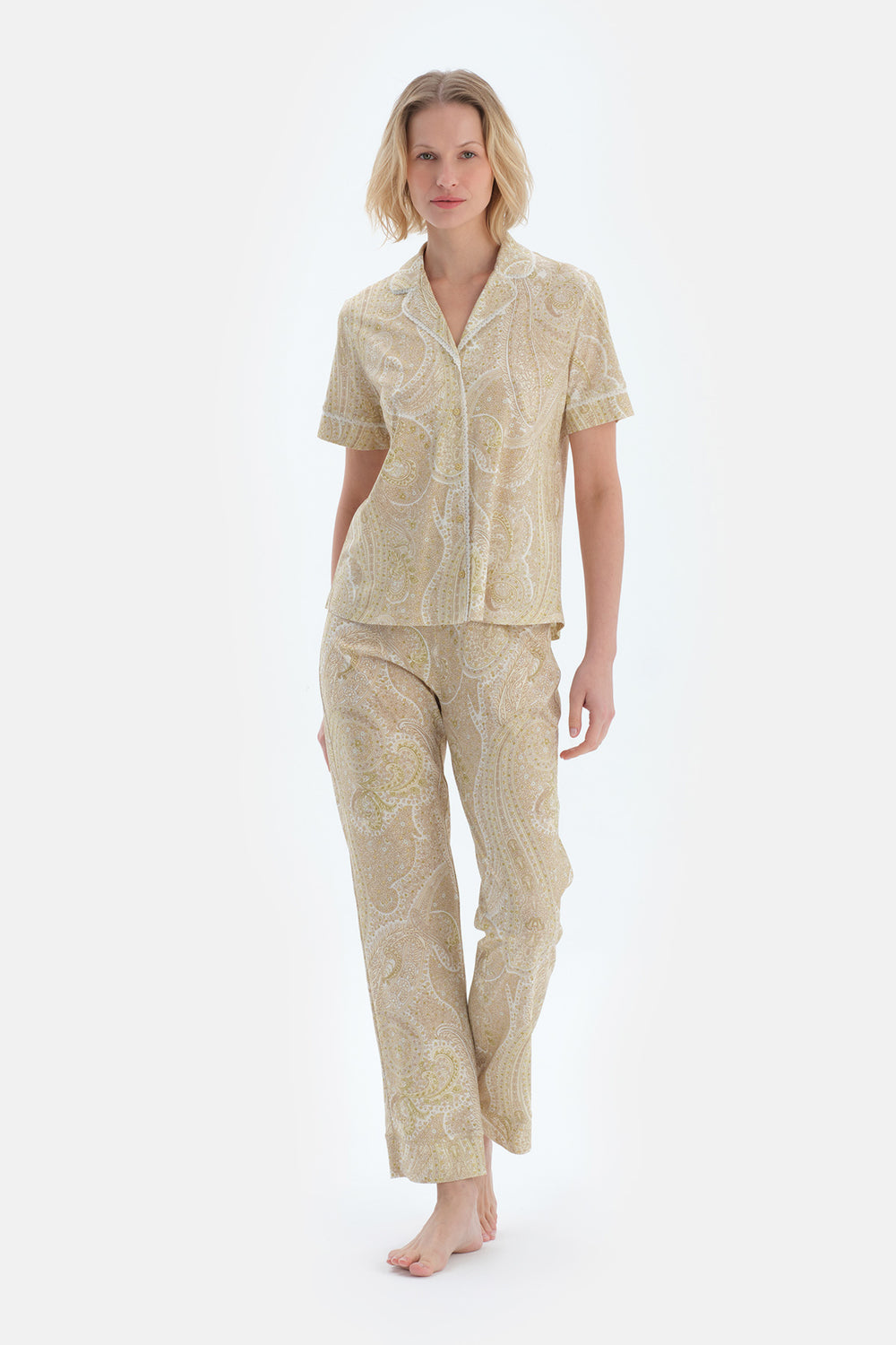 Açık Yeşil Şal Desenli Penye Modal Gömlek Pantolon Pijama Takımı