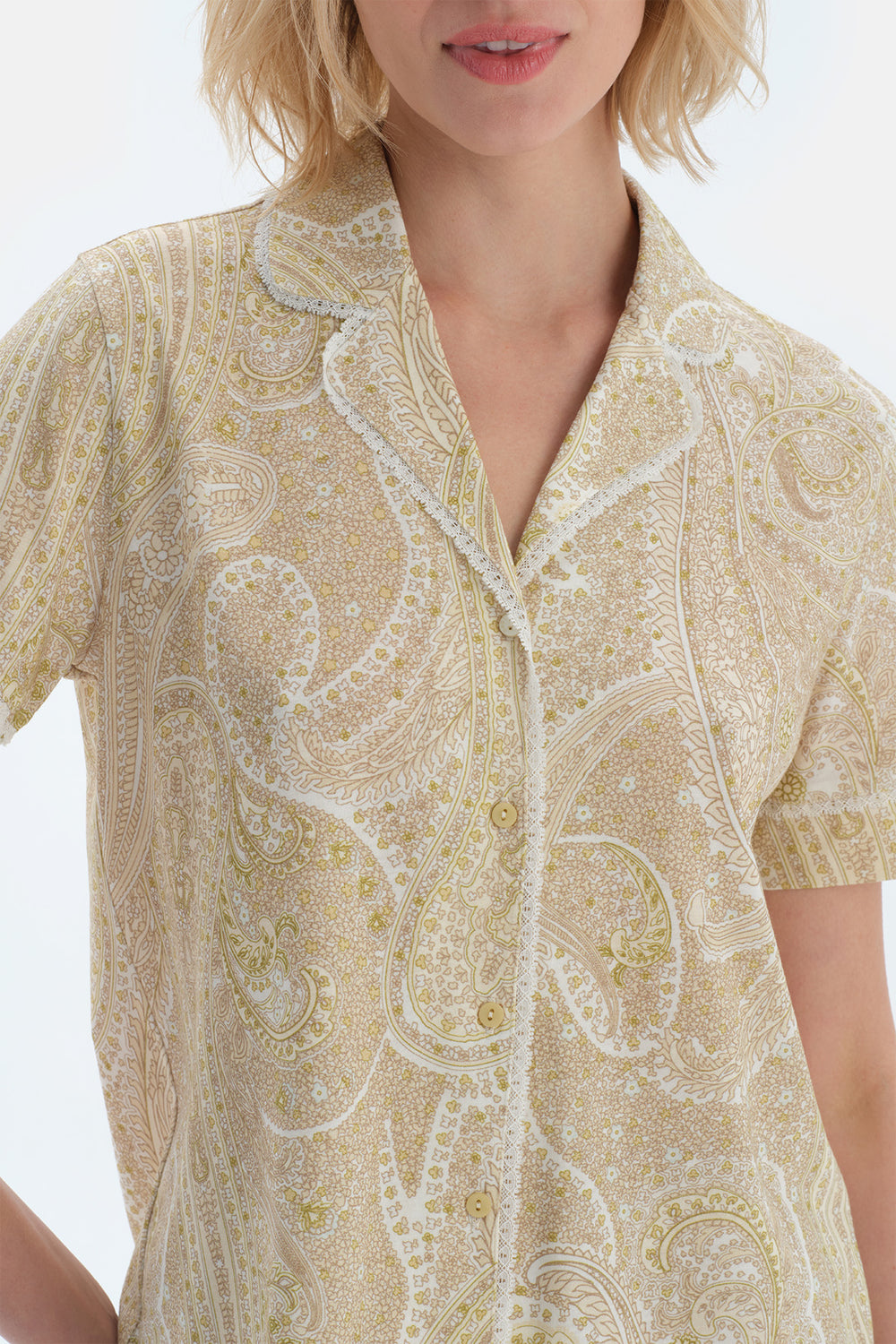 Açık Yeşil Şal Desenli Penye Modal Gömlek Pantolon Pijama Takımı