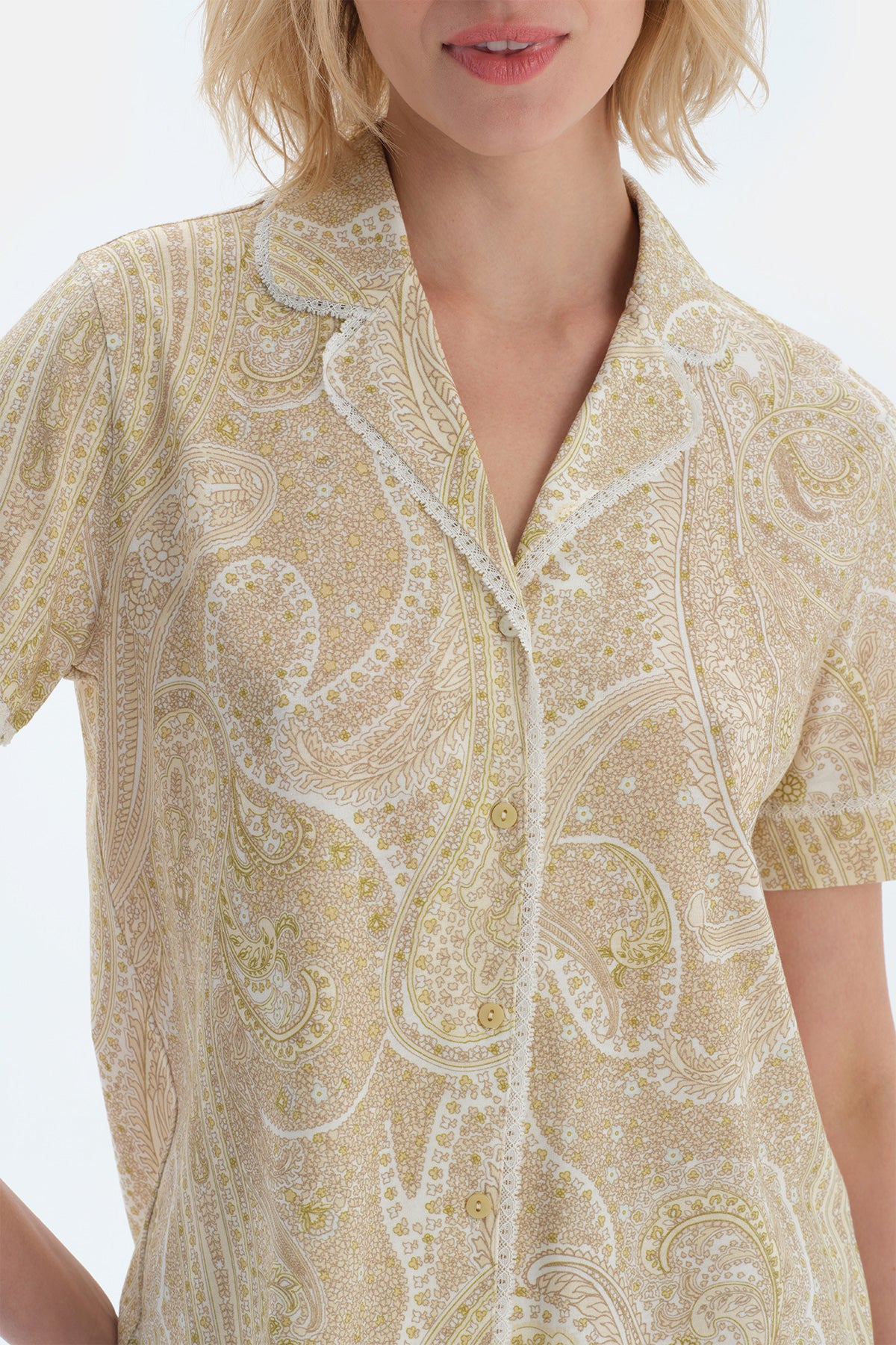 Açık Yeşil Şal Desenli Penye Modal Gömlek Pantolon Pijama Takımı