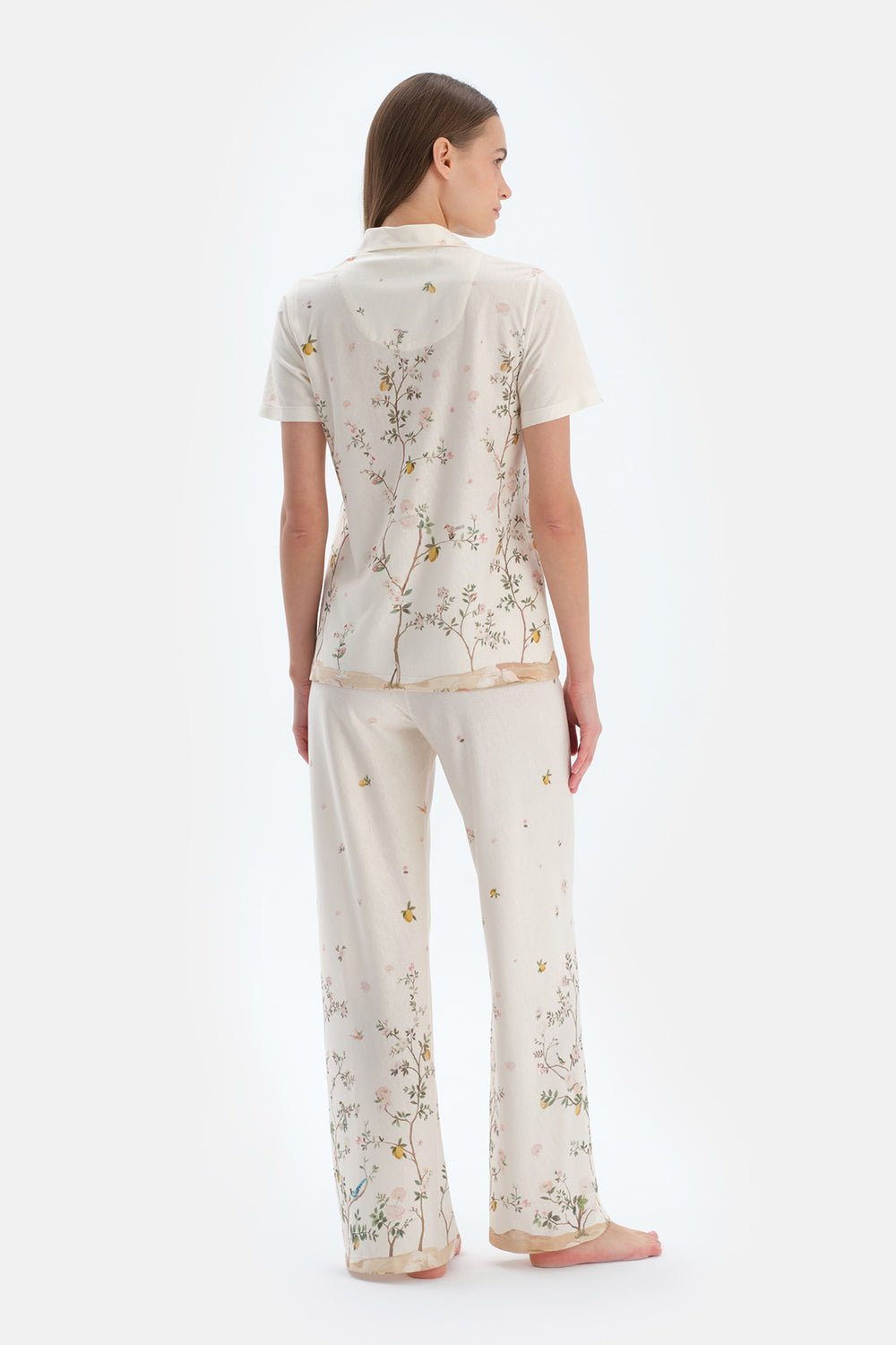 Ekru Çiçek Desenli Gömlek Pantolon Pijama Takımı