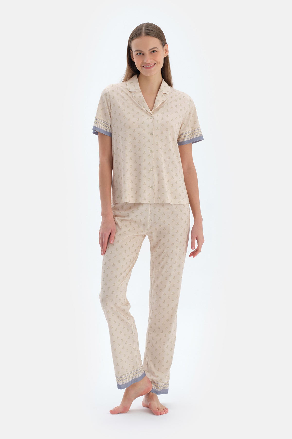 Ekru Çıtır Desenli Gömlek Pantolon Pijama Takımı
