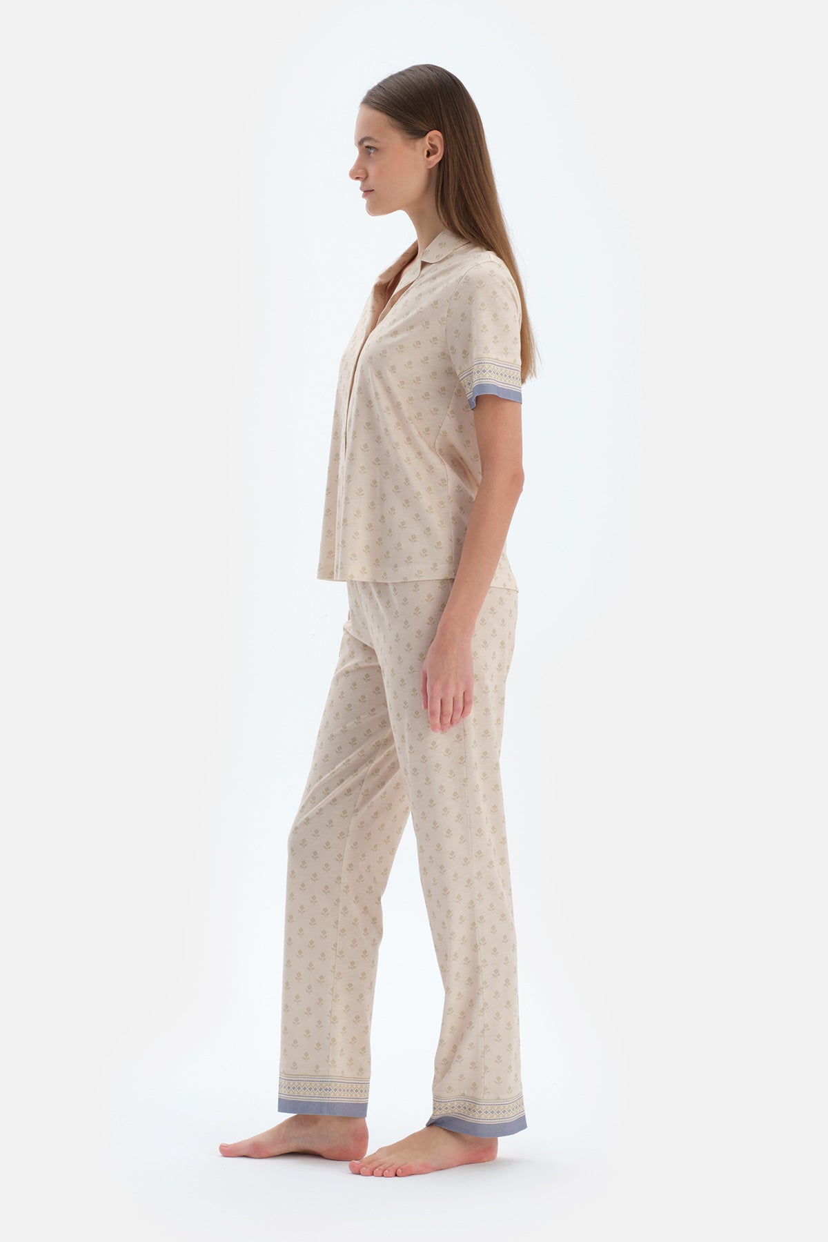 Ekru Çıtır Desenli Gömlek Pantolon Pijama Takımı