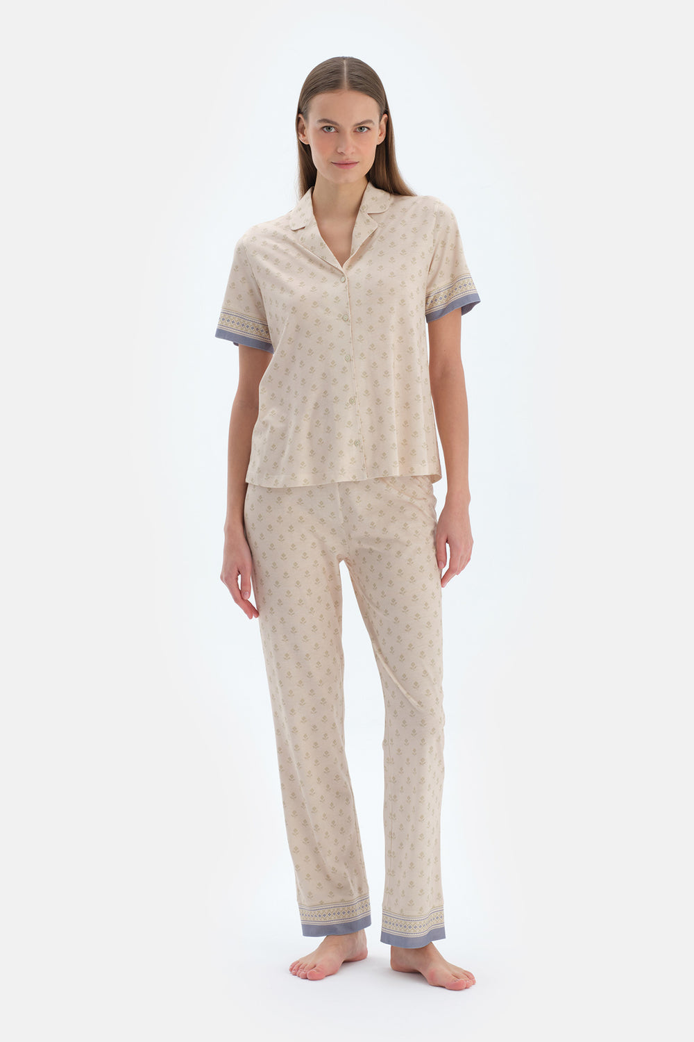 Ekru Çıtır Desenli Gömlek Pantolon Pijama Takımı