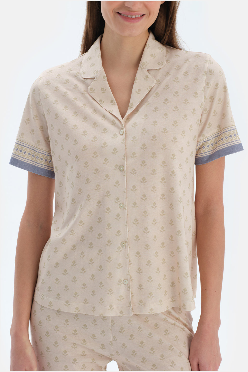 Ekru Çıtır Desenli Gömlek Pantolon Pijama Takımı