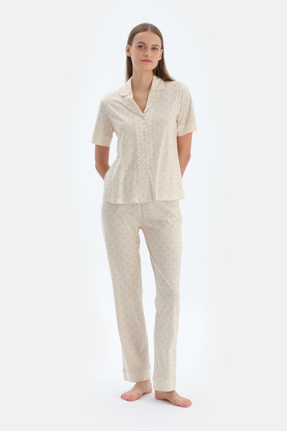 Açık Sarı Halat Desenli Gömlek Pantolon Pijama Takımı