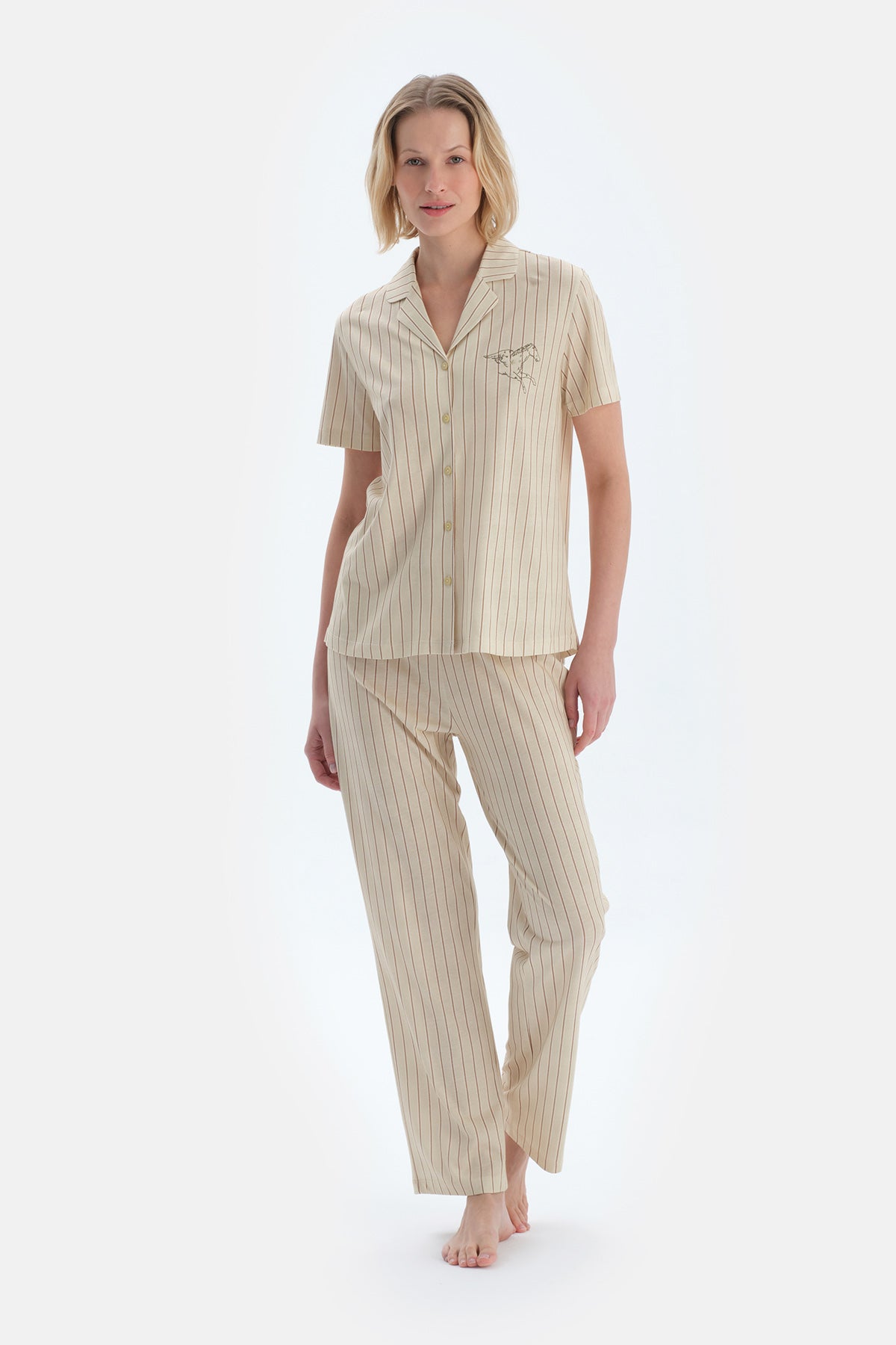 Yeşil Çizgili Nakış Detaylı Gömlek Pantolon Pijama Takımı