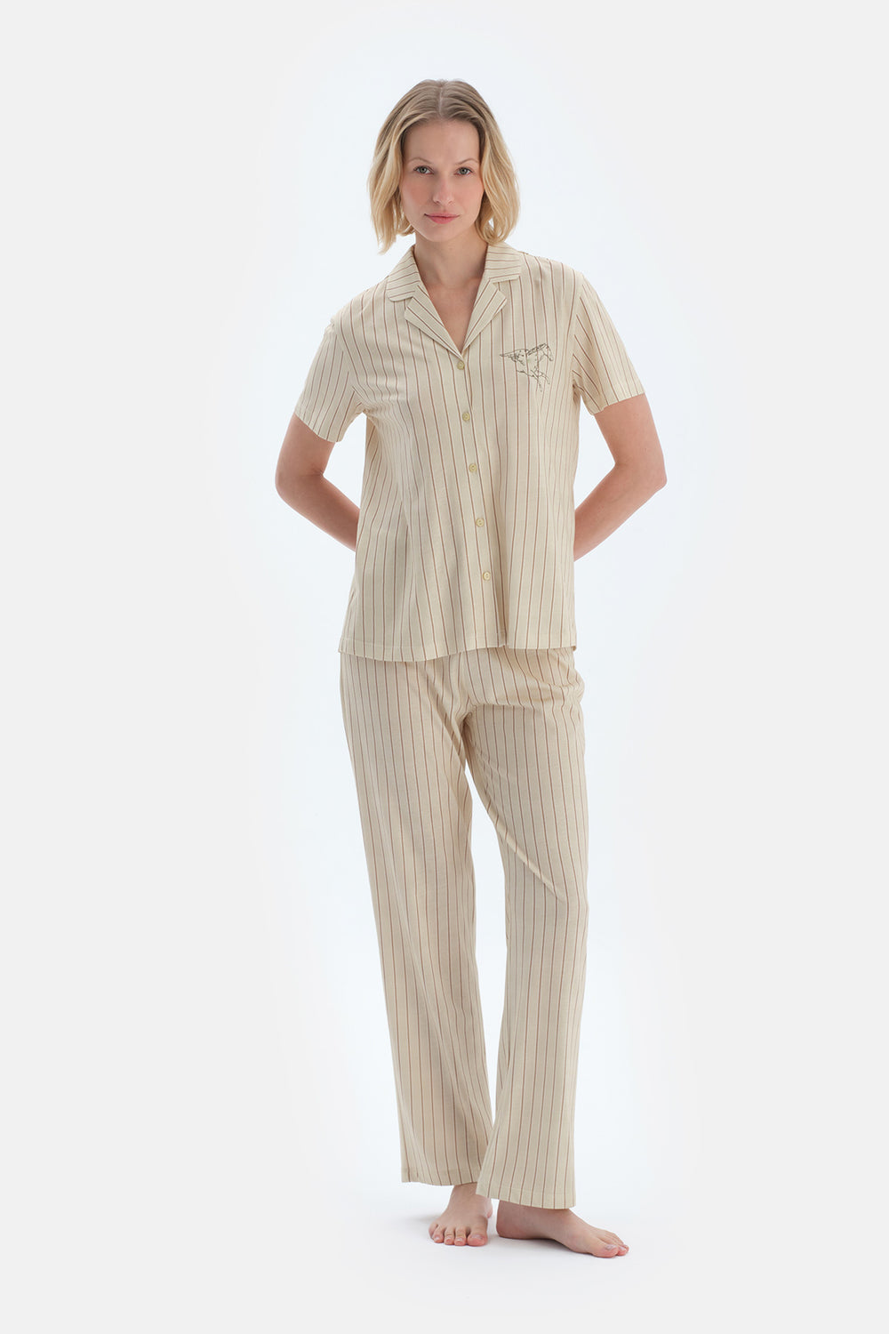 Yeşil Çizgili Nakış Detaylı Gömlek Pantolon Pijama Takımı