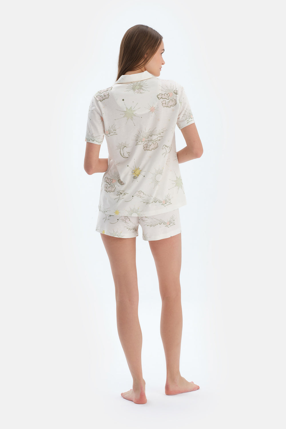 Ekru Bulut Desenli Gömlek Şort Pijama Takımı