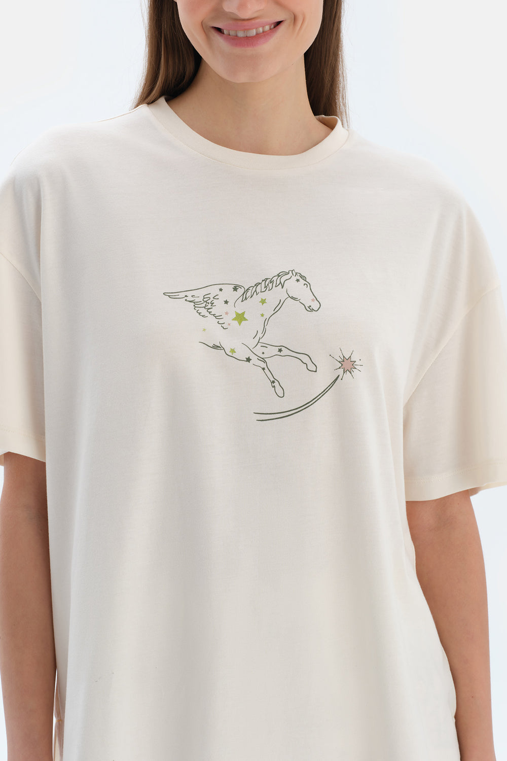 Ekru Baskı Detaylı Kısa Kollu Tişört Pantolon Pijama Takımı