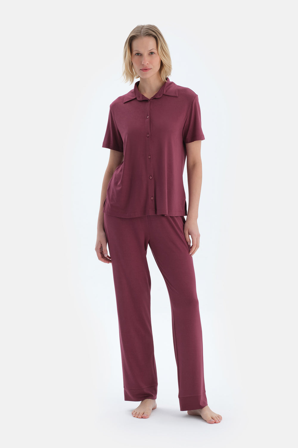 Bordo Basıc Gömlek Pantolon Pijama Takımı