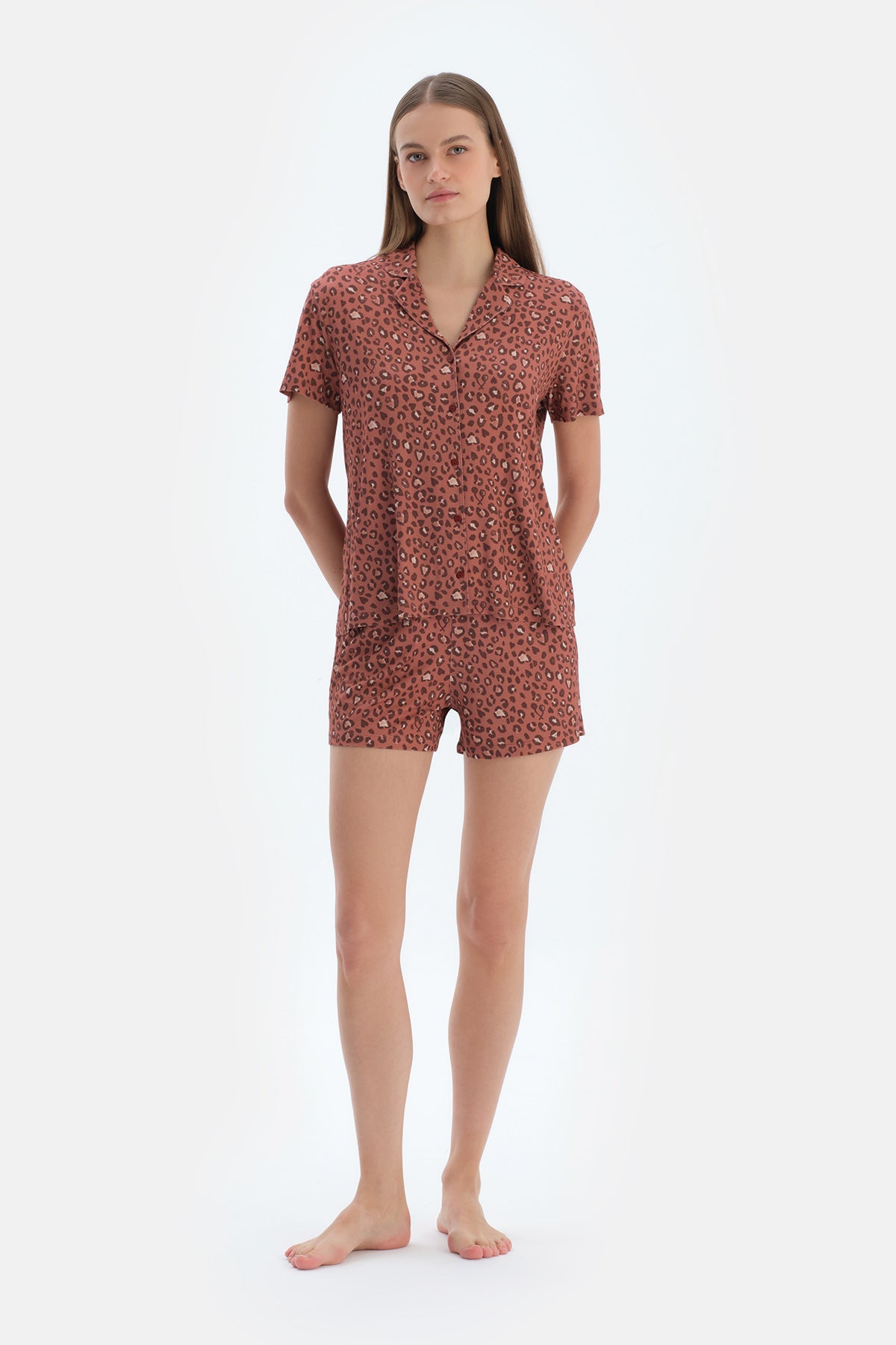 Kiremit Leopar Desenli Gömlek Şort Pijama Takımı