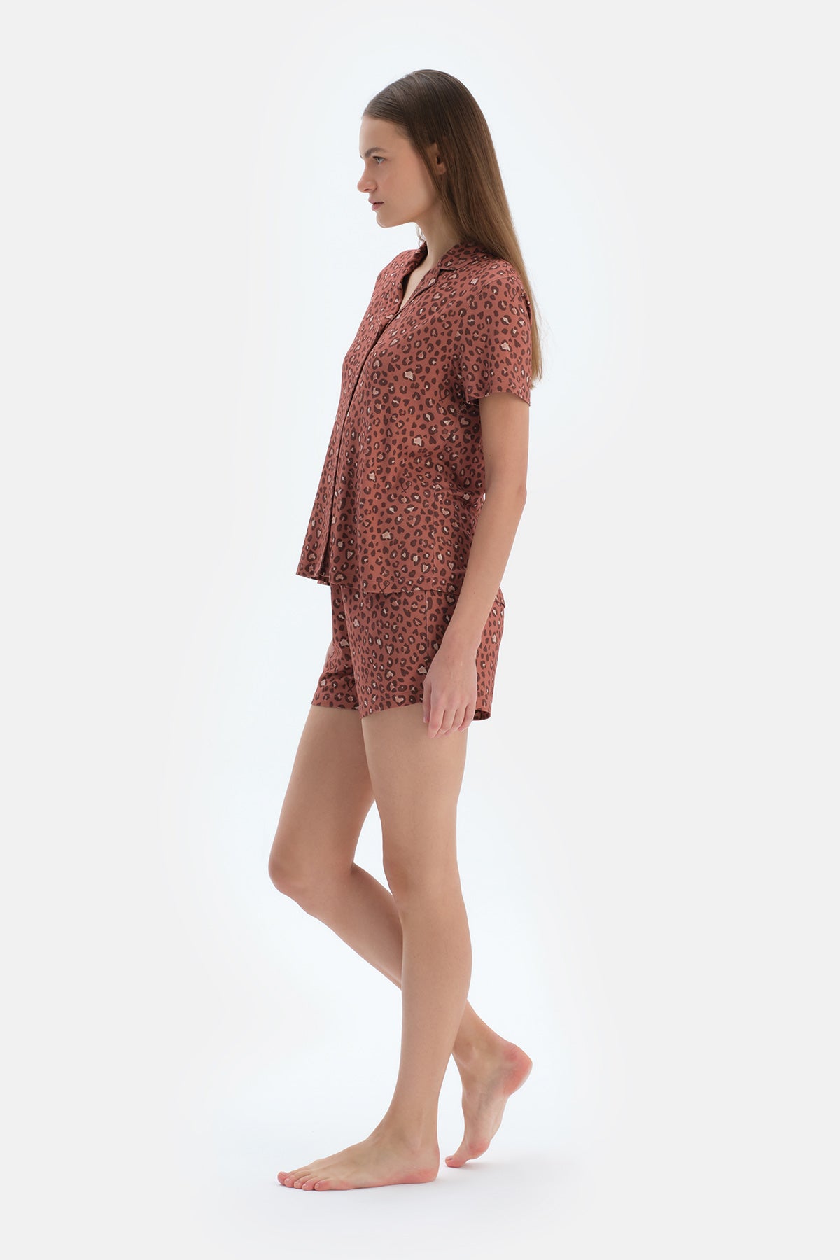 Kiremit Leopar Desenli Gömlek Şort Pijama Takımı