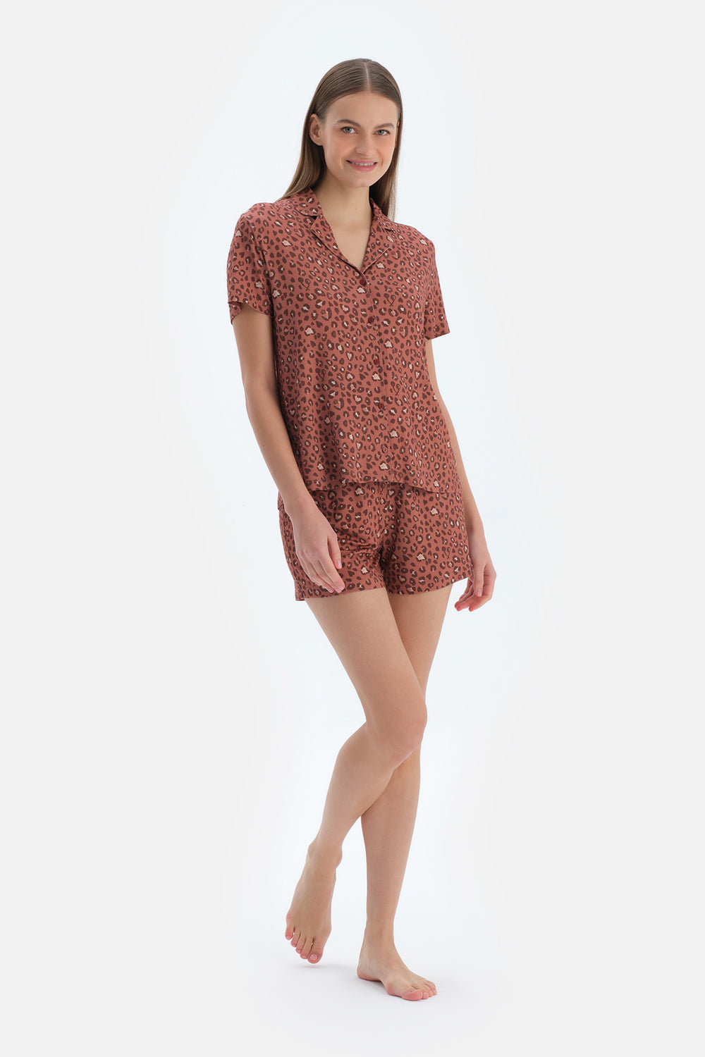 Kiremit Leopar Desenli Gömlek Şort Pijama Takımı