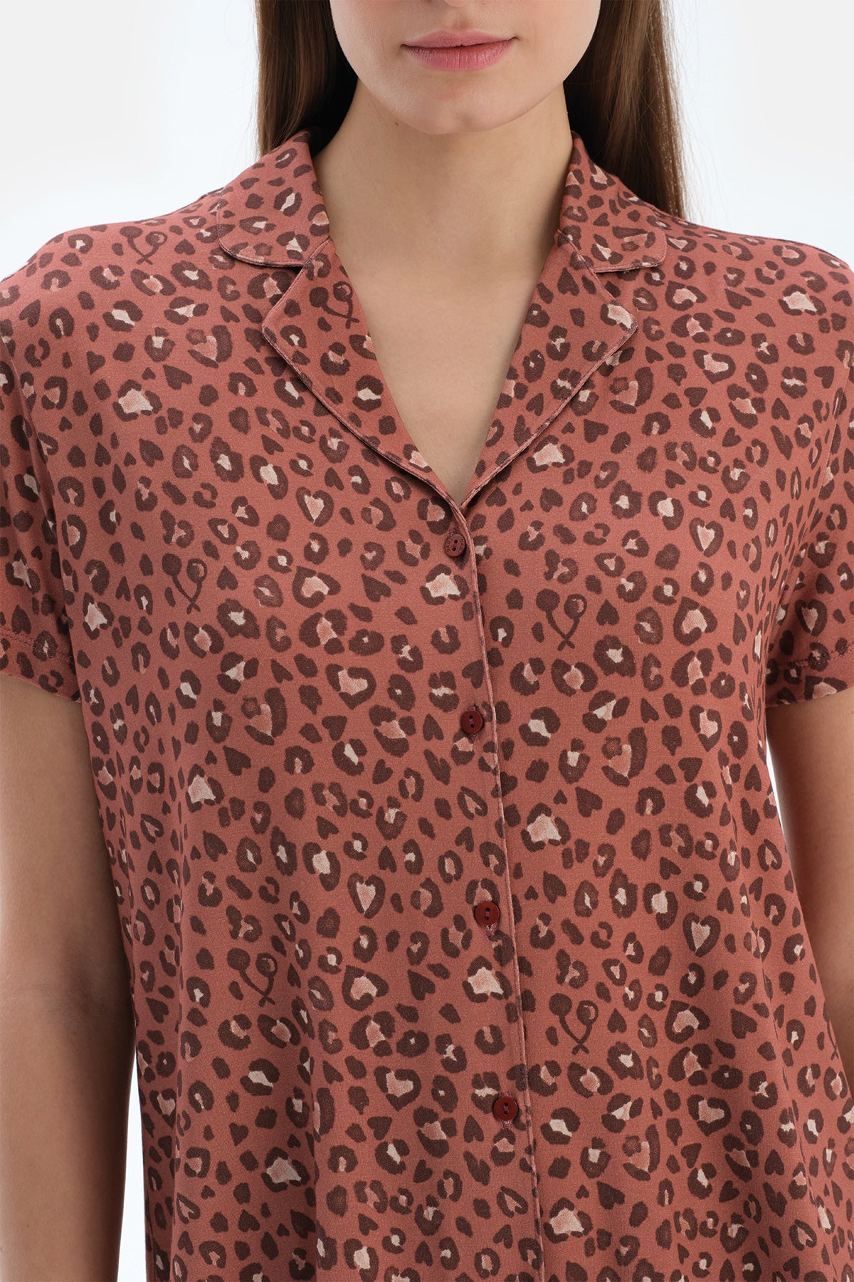 Kiremit Leopar Desenli Gömlek Şort Pijama Takımı