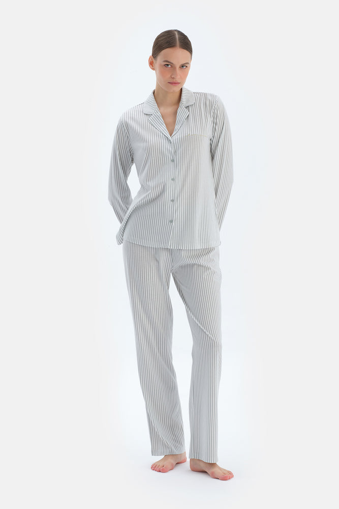 Ada Çayı Çizgili Basıc Gömlek Pantolon Pijama Takımı