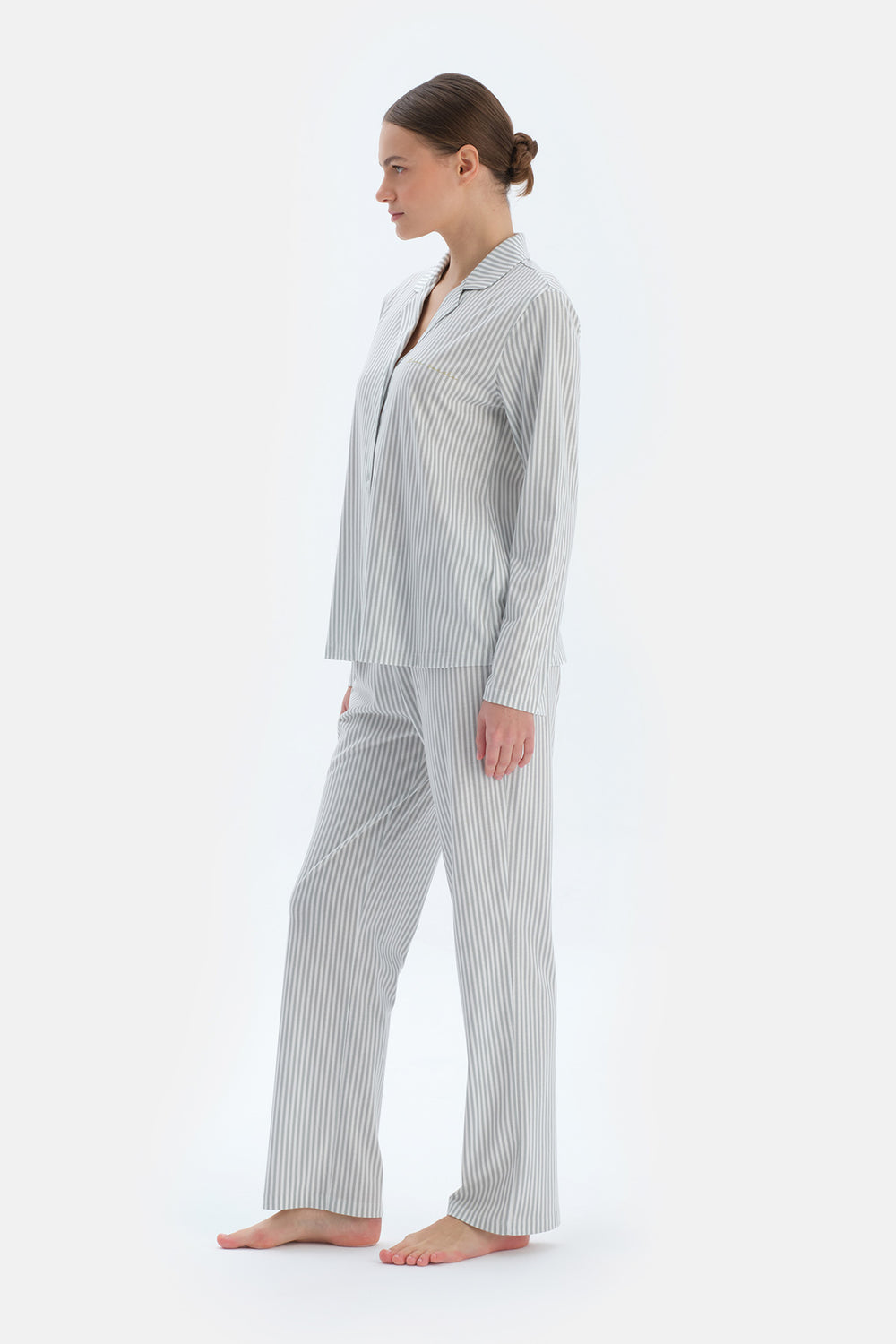 Ada Çayı Çizgili Basıc Gömlek Pantolon Pijama Takımı