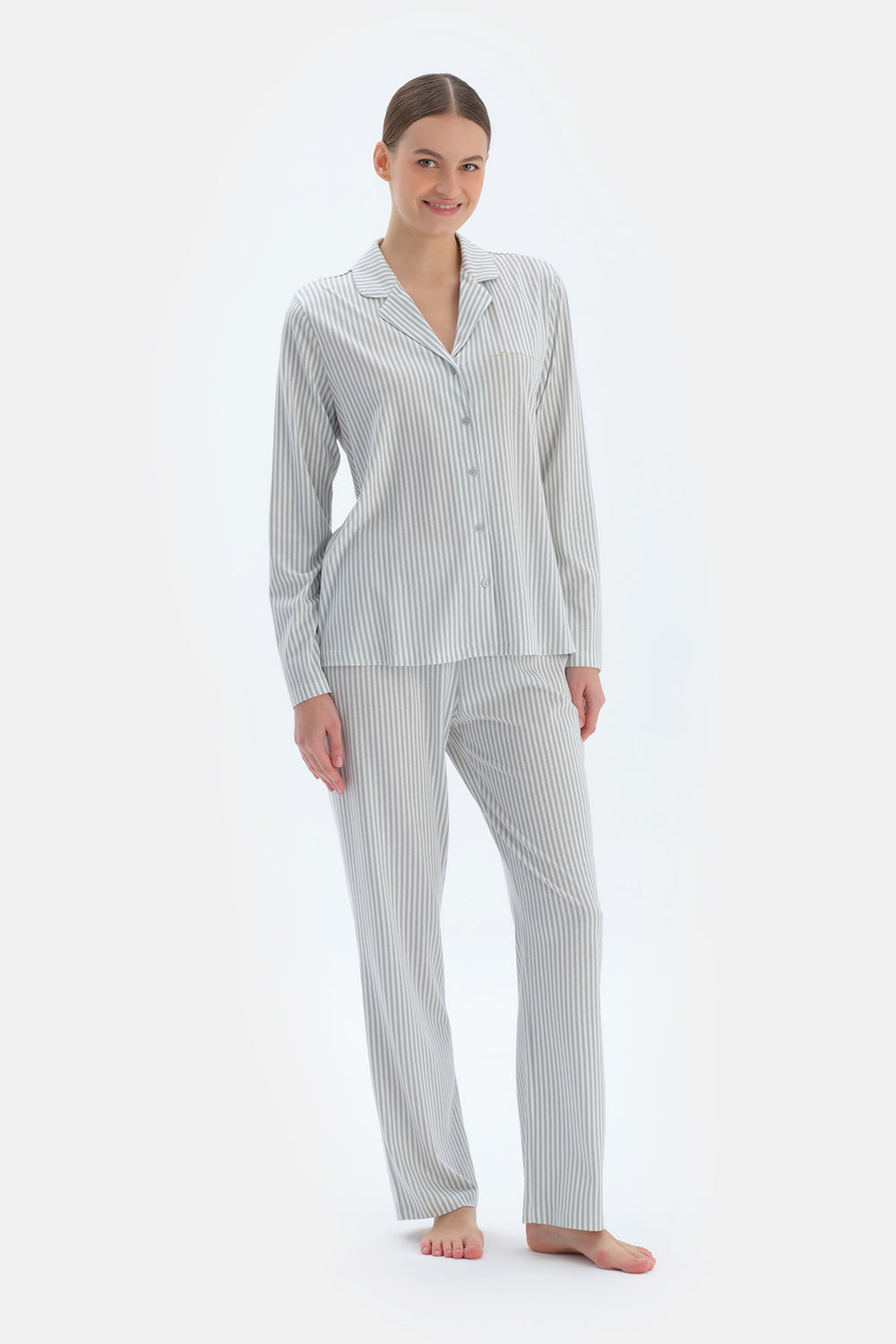 Ada Çayı Çizgili Basıc Gömlek Pantolon Pijama Takımı