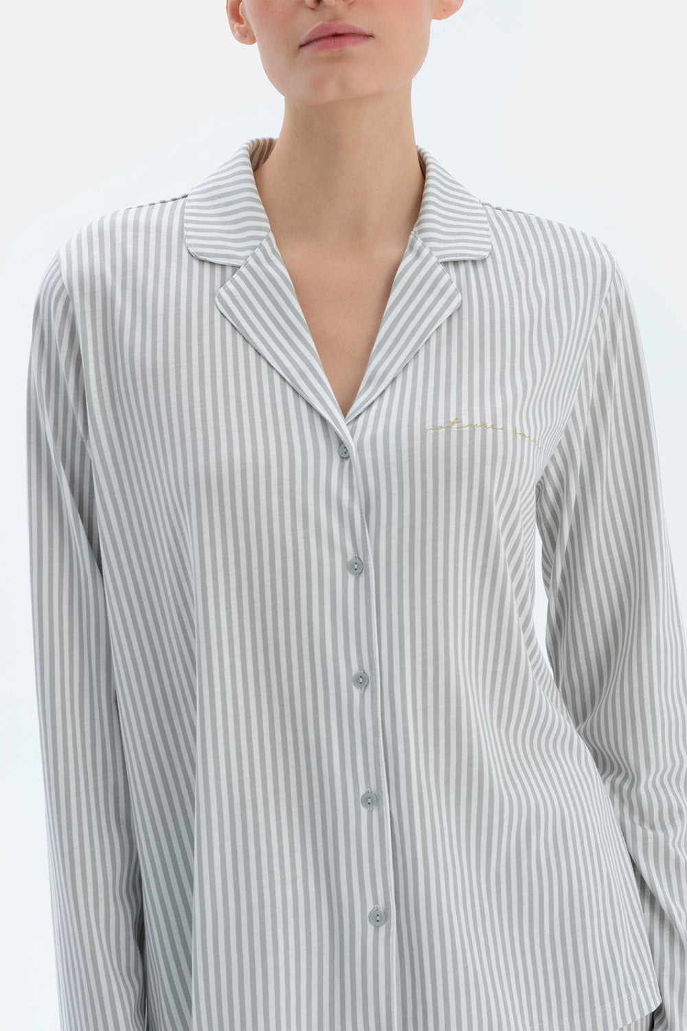 Ada Çayı Çizgili Basıc Gömlek Pantolon Pijama Takımı