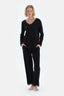 Siyah Dantel Detaylı V Yaka Uzun Kollu Tişört Pantolon Pijama Takımı