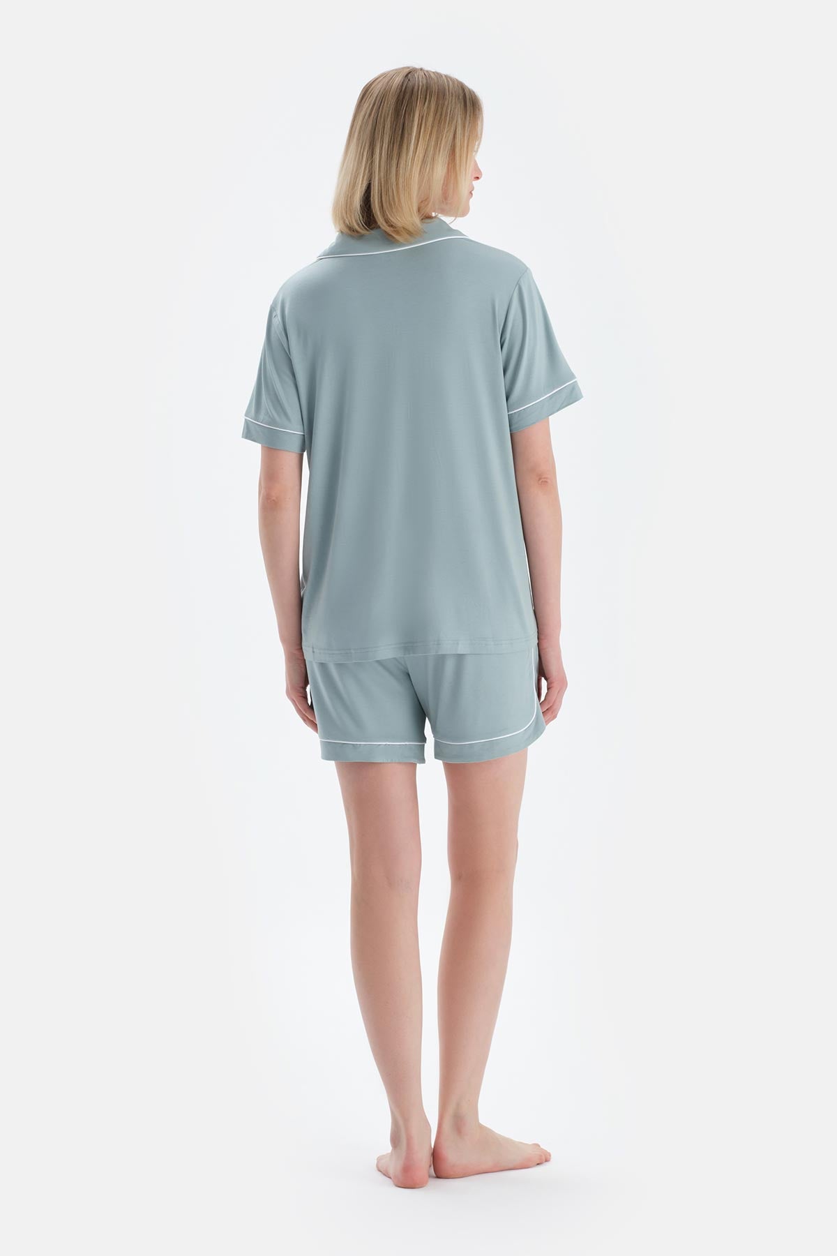 Su Yeşili Cool Touch Biye Detaylı Gömlek Şort Pijama Takımı