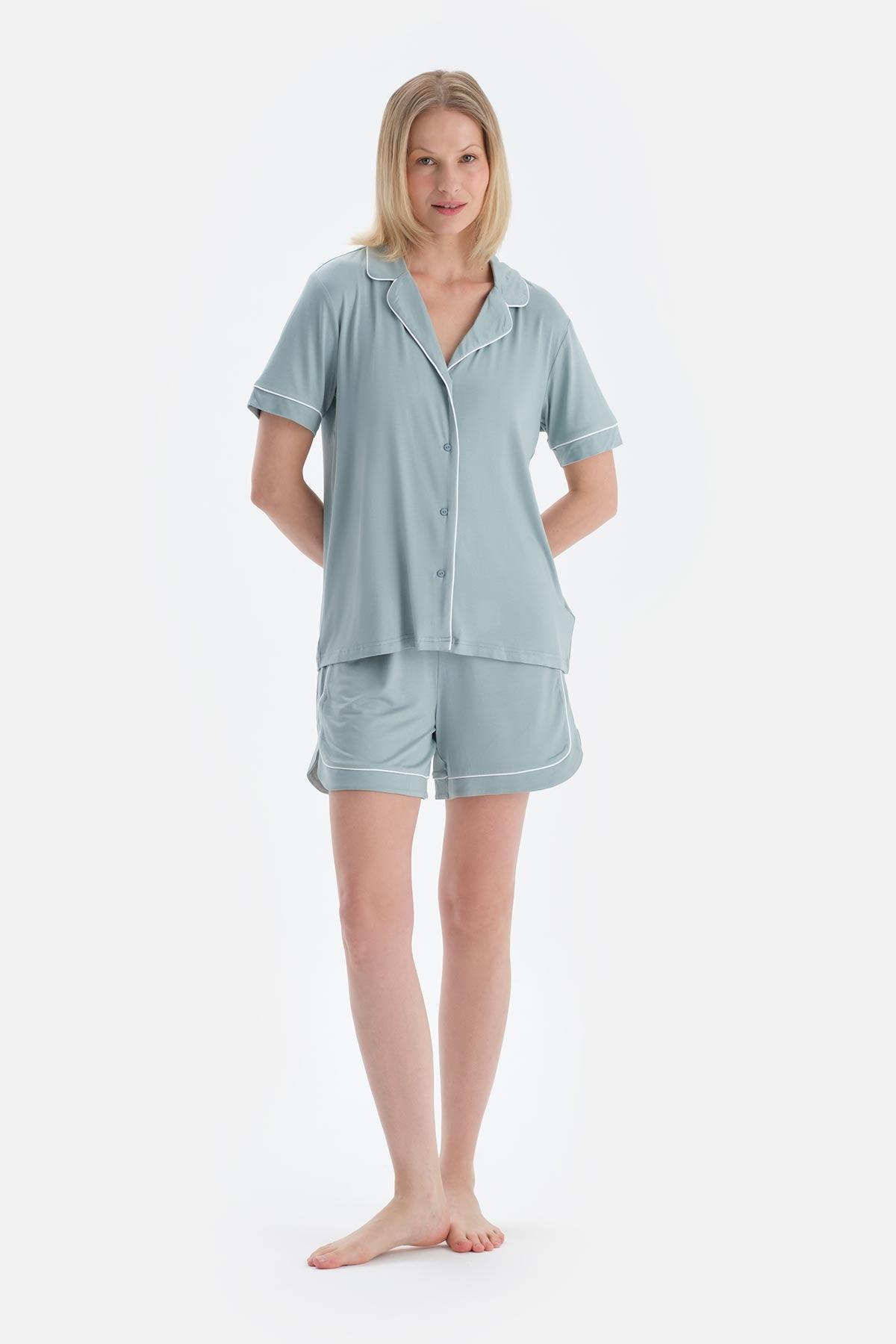 Su Yeşili Cool Touch Biye Detaylı Gömlek Şort Pijama Takımı