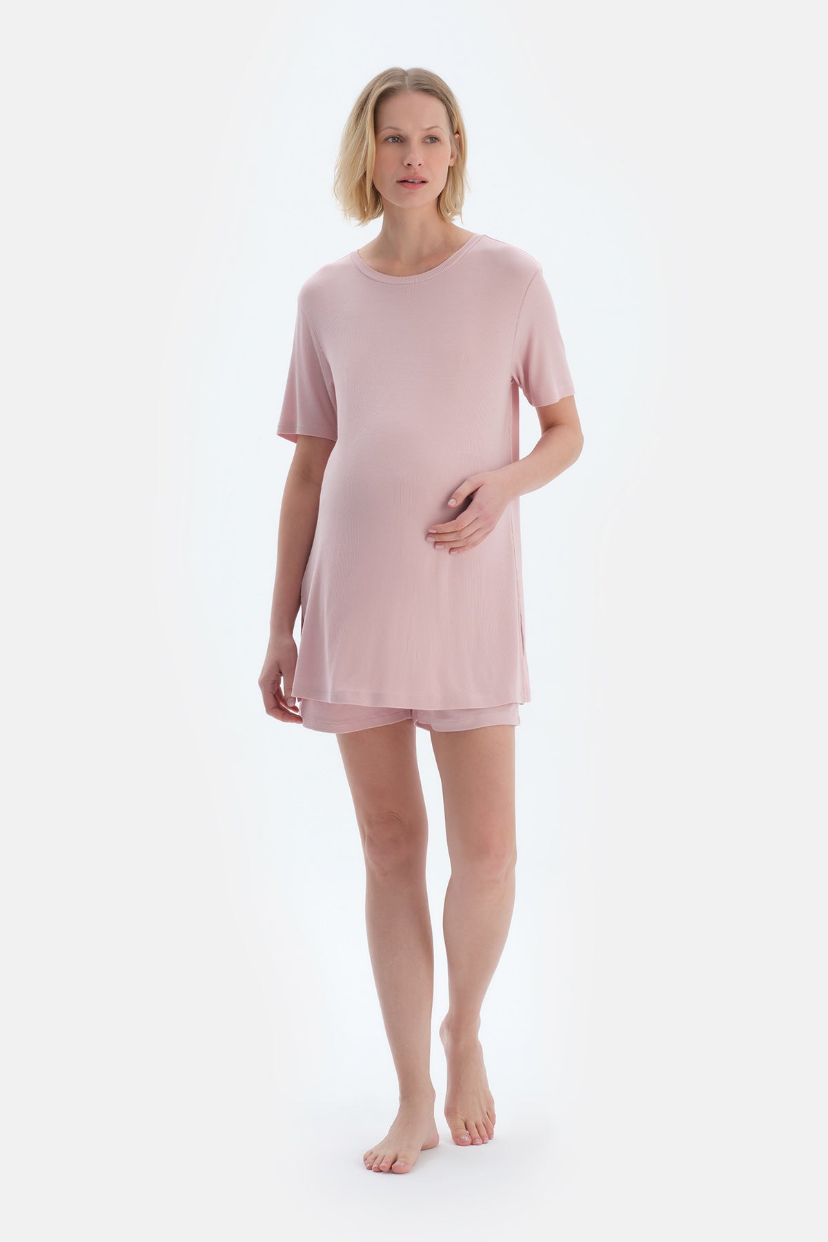 Açık Pembe Kaşkorse Hamile Tişört Şort Pijama Takımı