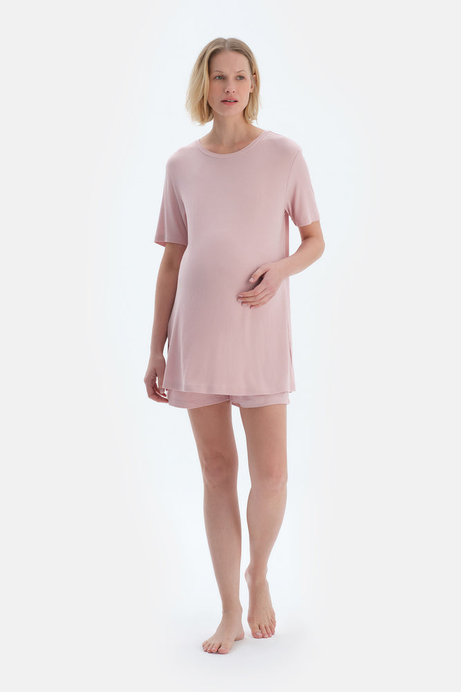Açık Pembe Kaşkorse Hamile Tişört Şort Pijama Takımı