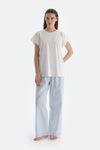 Kırık Beyaz Baskı Detaylı Altı Çizgili Tişört Pantolon Pijama Takımı