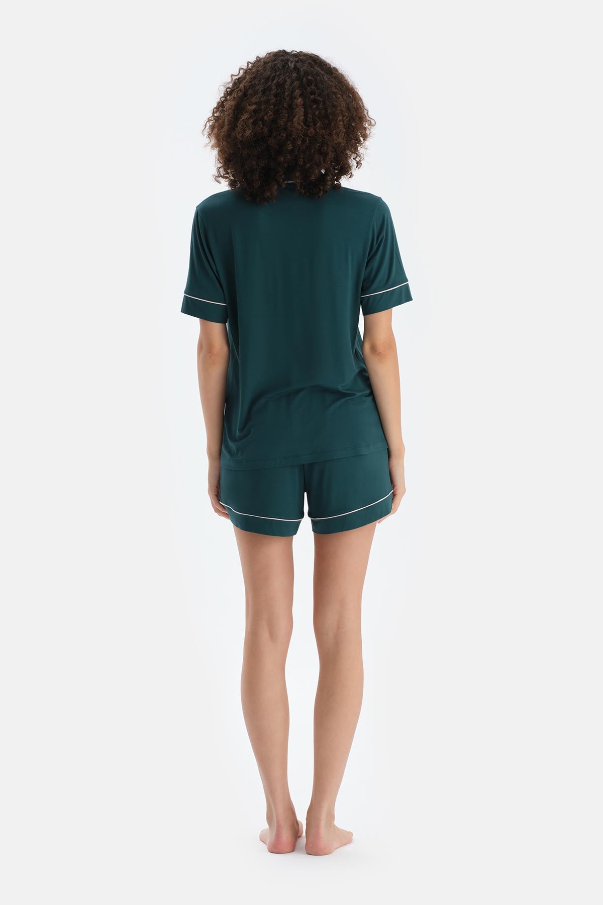 Koyu Yeşil Biye Detaylı Penye Modal Gömlek Şort Pijama Takımı