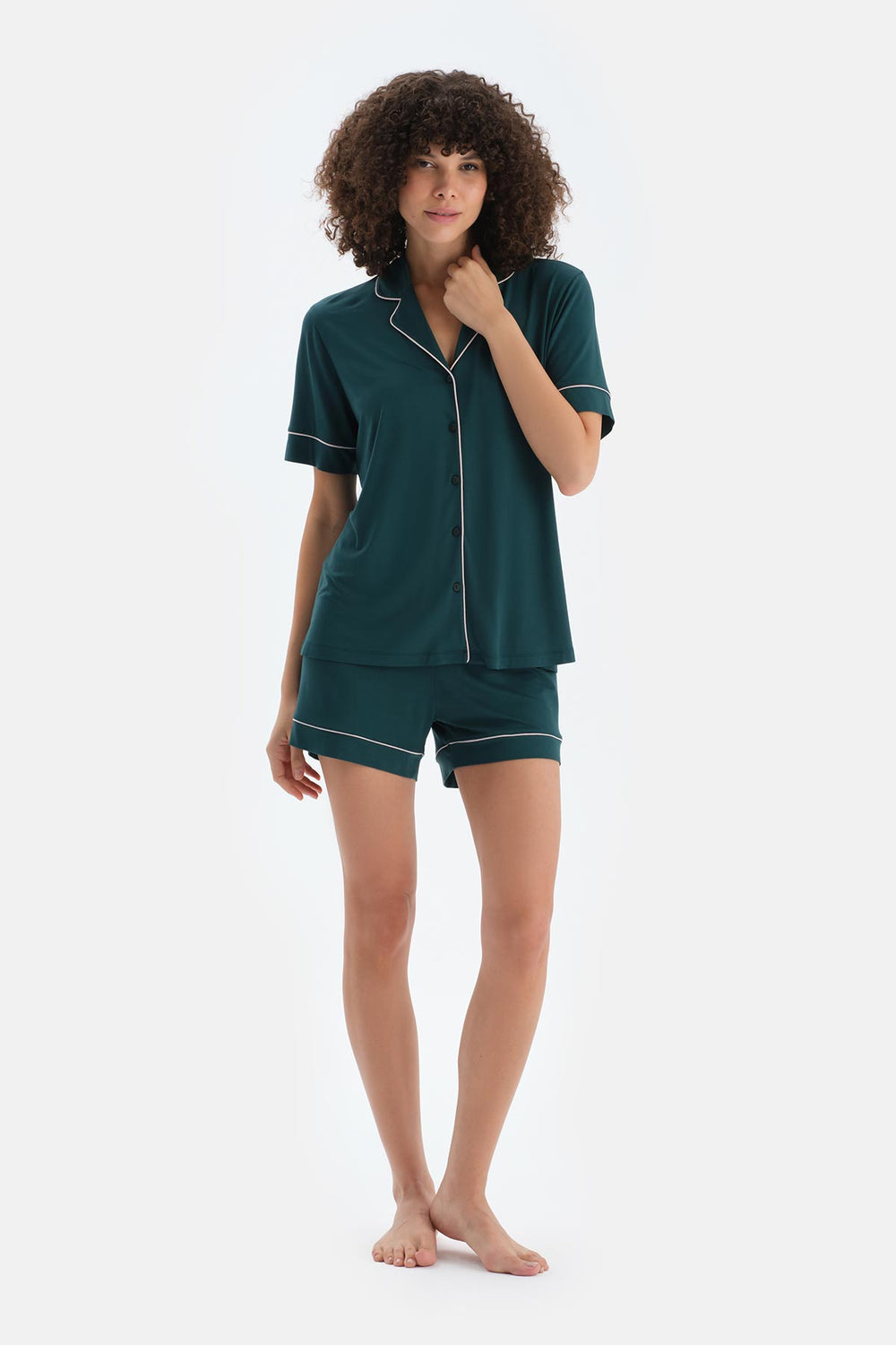 Koyu Yeşil Biye Detaylı Penye Modal Gömlek Şort Pijama Takımı