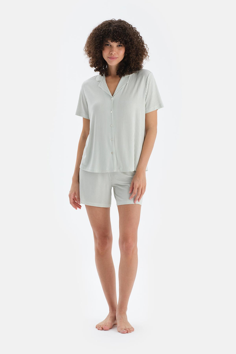 Açık Yeşil Çizgili Penye Modal Gömlek Şort Pijama Takımı
