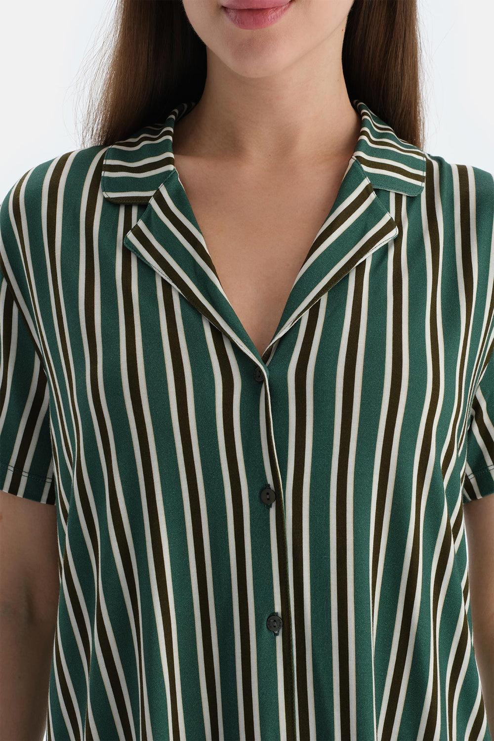 Koyu Yeşil Çizgili Penye Modal Gömlek Şort Pijama Takımı